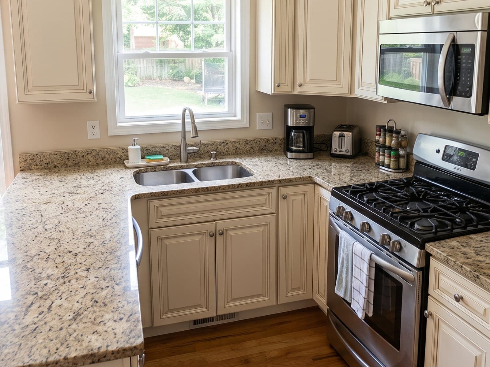 The same kitchen with clear polished granite, an empty sink and a spotless cooktop