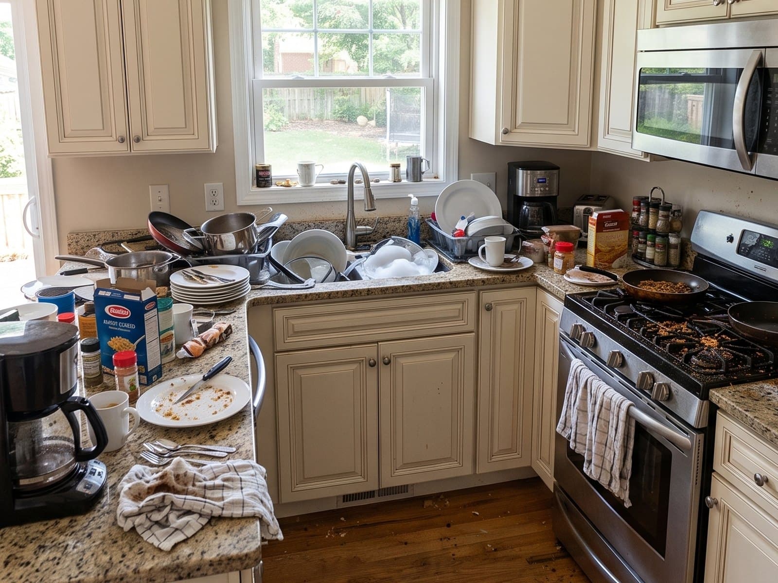 Kitchen counter buried in dirty dishes, pans and food packets, with a stained cooktop