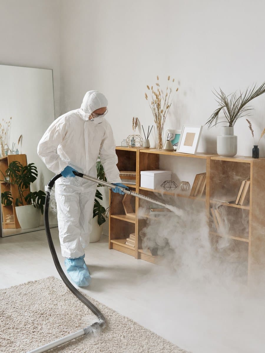 Technician in protective coveralls steam-cleaning a living room