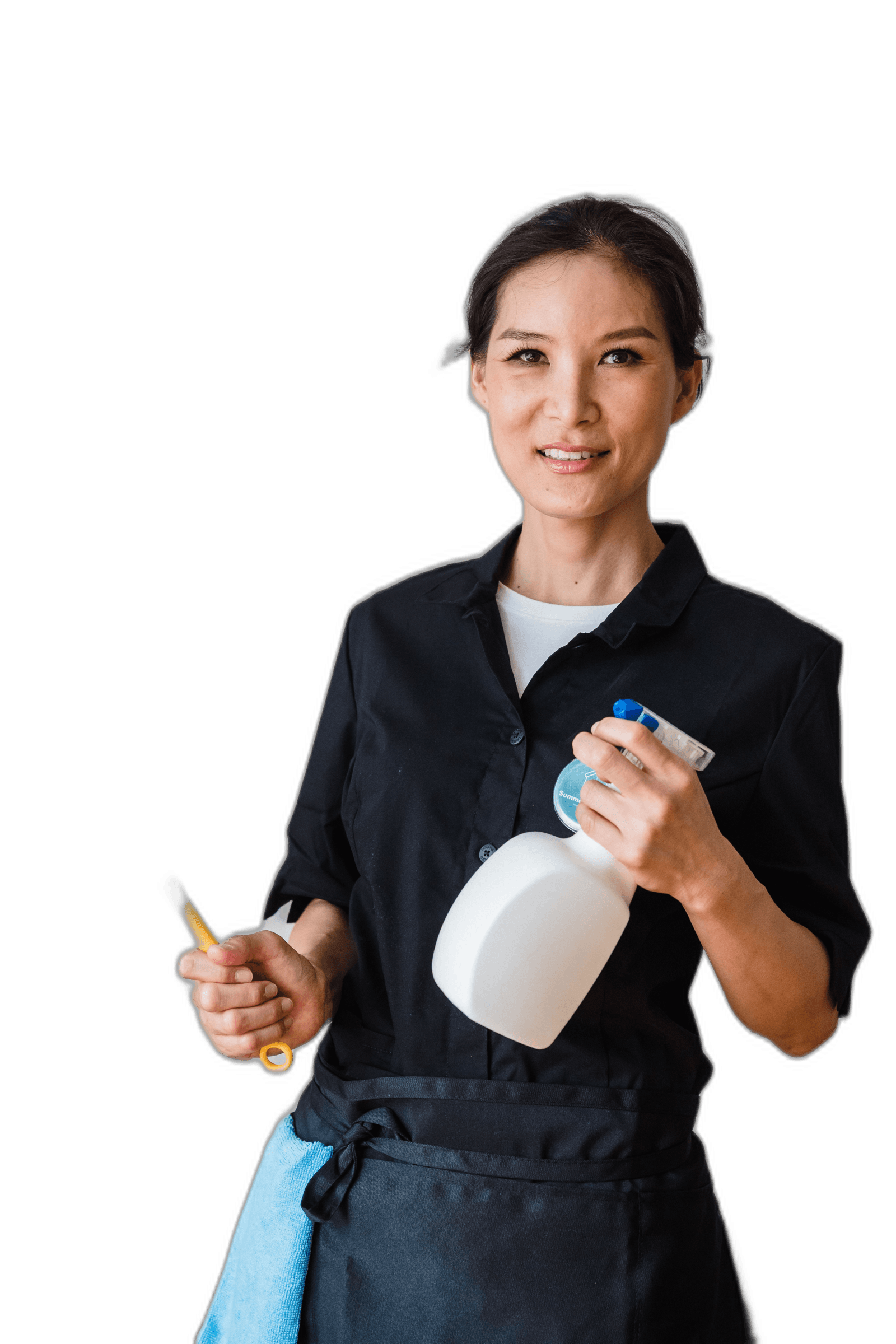 Nanci in uniform with a spray bottle and cloth